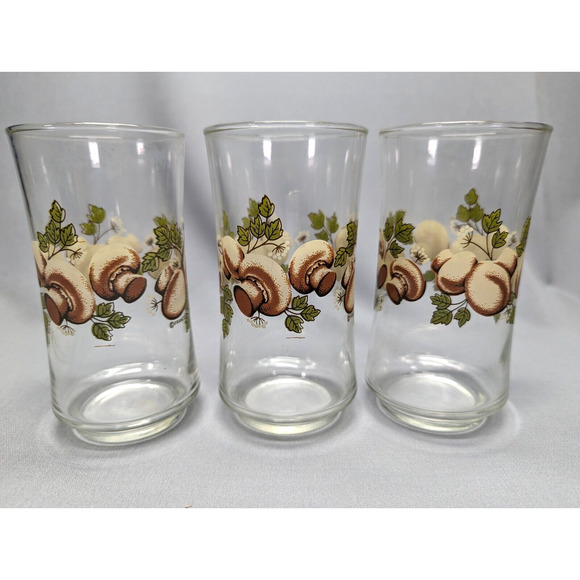 Libbey Franco Mushroom Leaves Drinking Glass Vintage 1970's Set of 3 - Picture 1 of 5